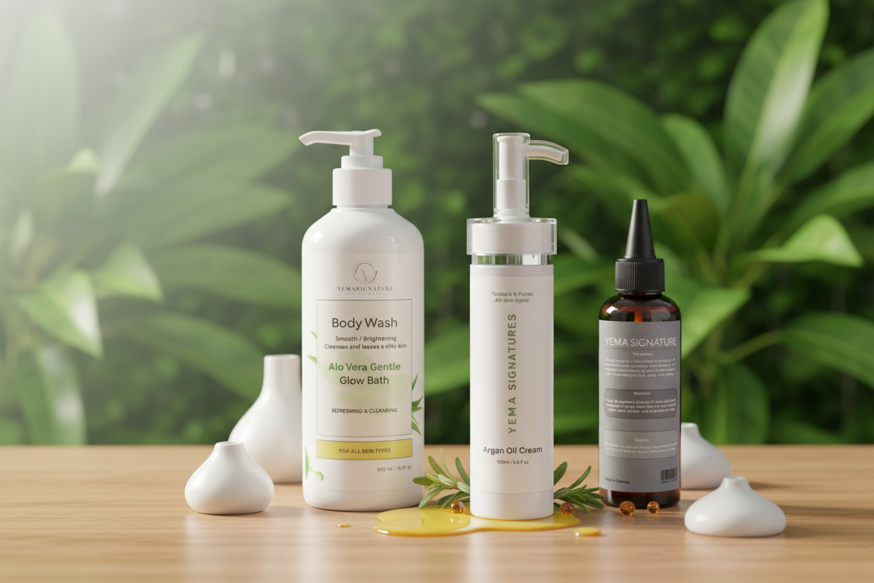 Yema Signature banner with actual product bottles